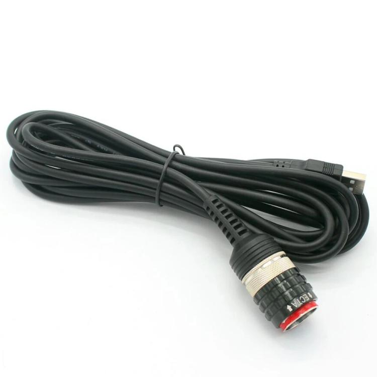 Coiled black USB cable with circular connector and USB-A end