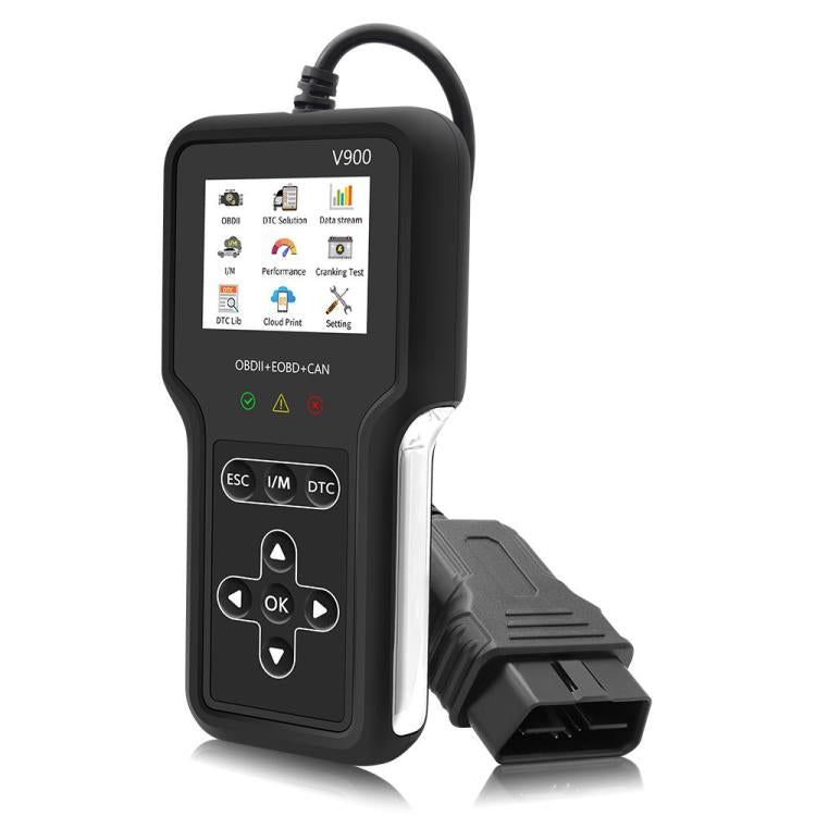Handheld car diagnostic scanner tool with cable, dark screen menu, and control buttons