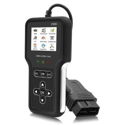 Handheld car diagnostic scanner tool with cable, dark screen menu, and control buttons