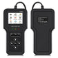 Car diagnostic scanner tool front and back views, handheld case with display and label panel