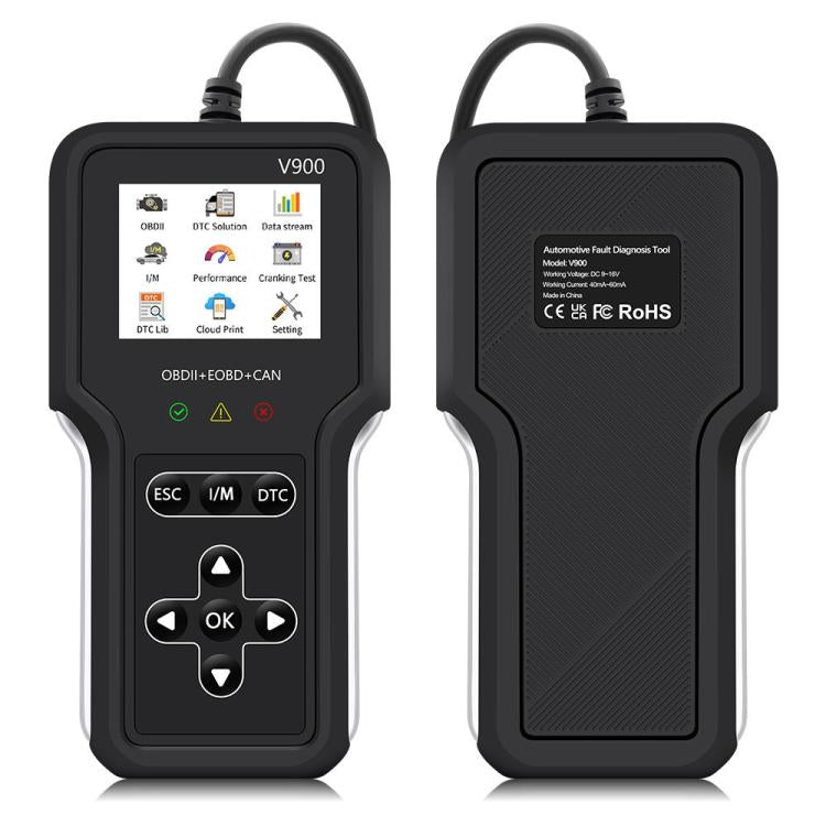 Car diagnostic scanner tool front and back views, handheld case with display and label panel