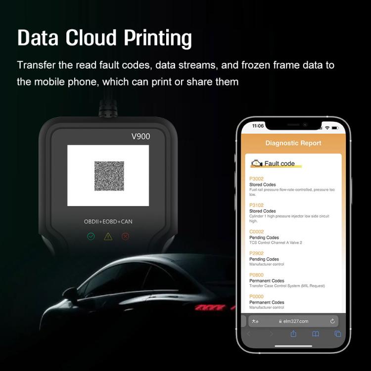 Car diagnostic scanner connected to smartphone showing diagnostic report on screen