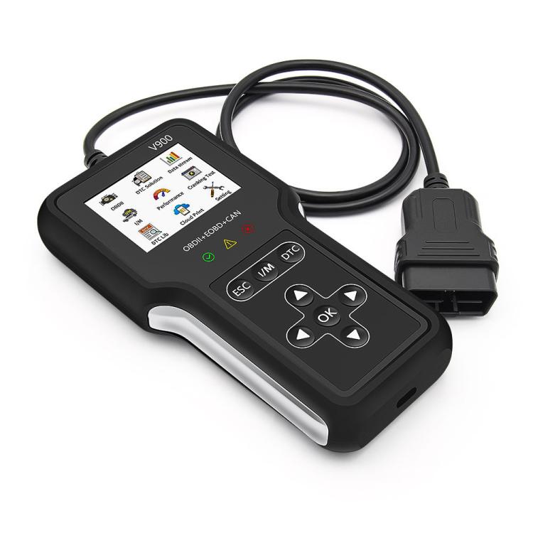 Handheld OBD car diagnostic scanner with connected cable and control keypad