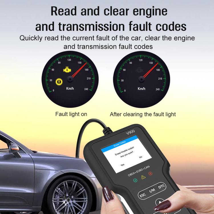 Car diagnostic scanner connected to vehicle, handheld display for reading and clearing codes