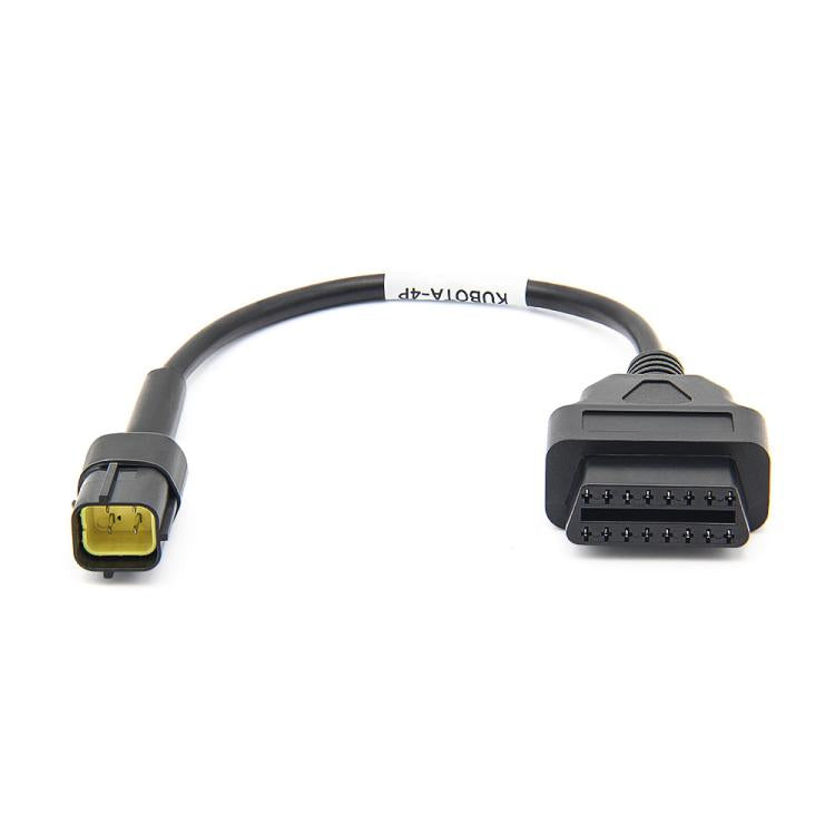 Black diagnostic adapter cable showing Kubota 4-pin plug and 16-pin OBD connector