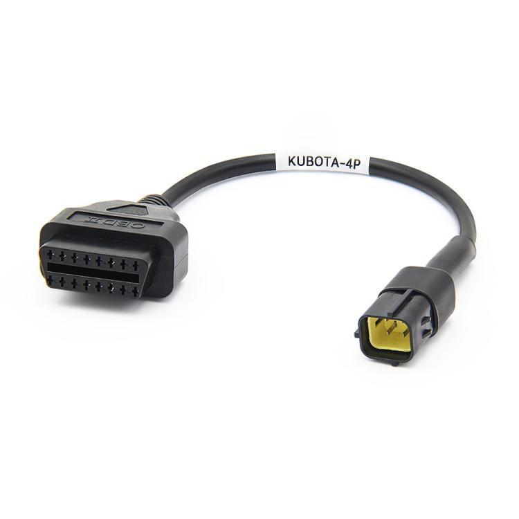 Black diagnostic cable with Kubota 4-pin connector and OBDII 16-pin connector