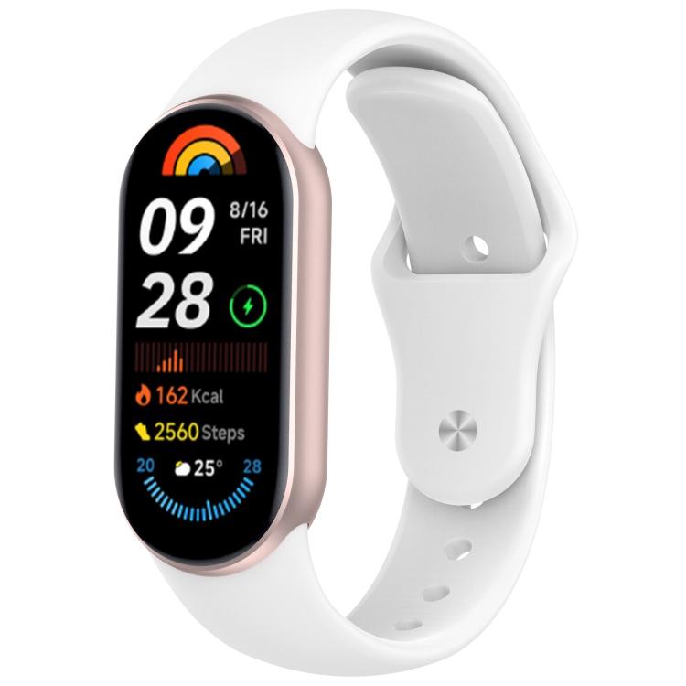 White silicone watch band with reverse buckle fitted to a fitness tracker