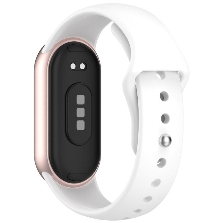 Back view of white silicone watch band fitted to a fitness tracker
