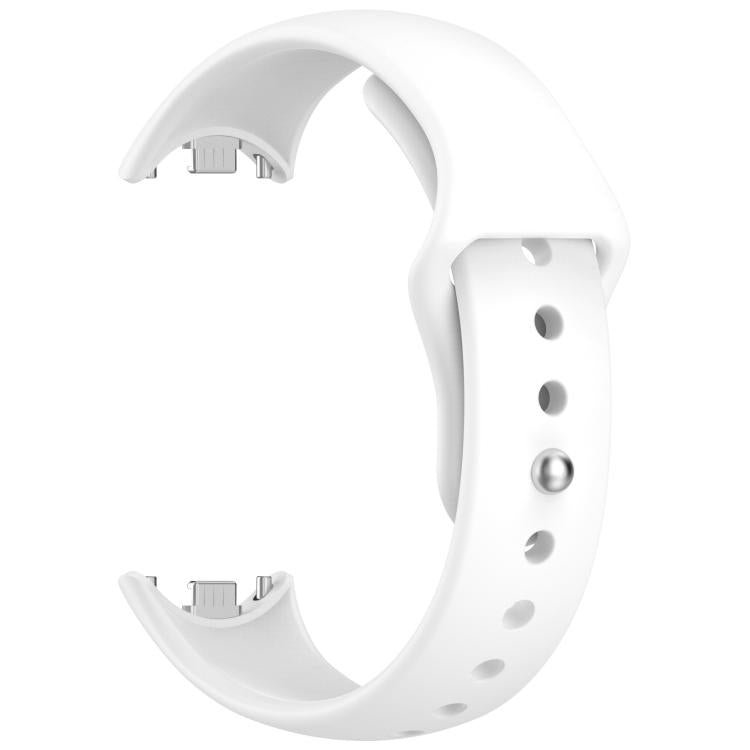 White silicone watch band showing adjustment holes and connector ends