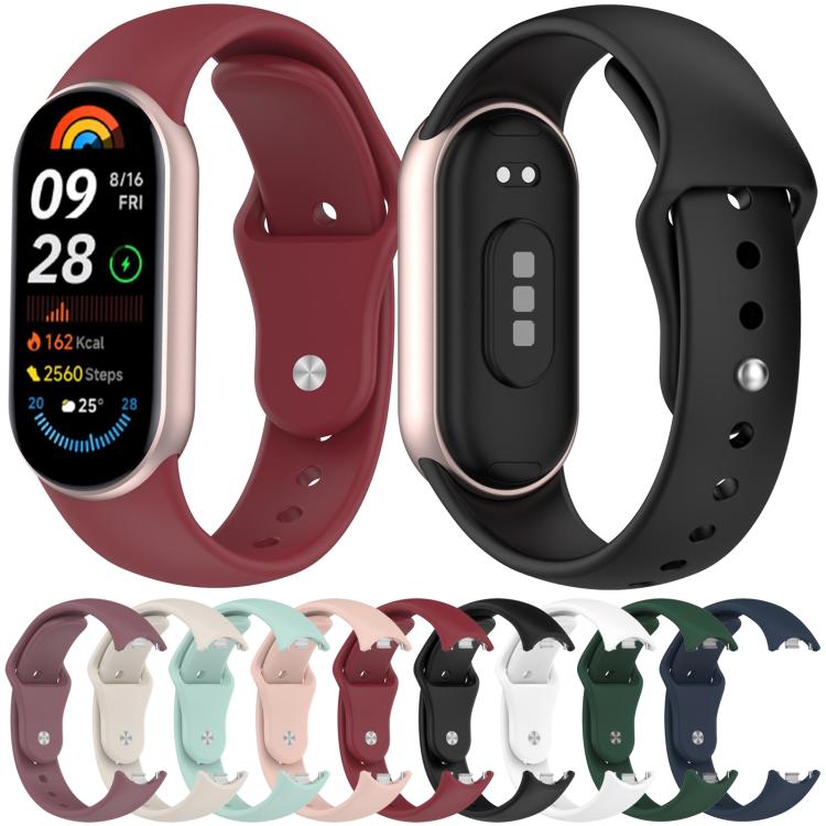 Silicone reverse-buckle watch band shown in wine red and black, with color options below