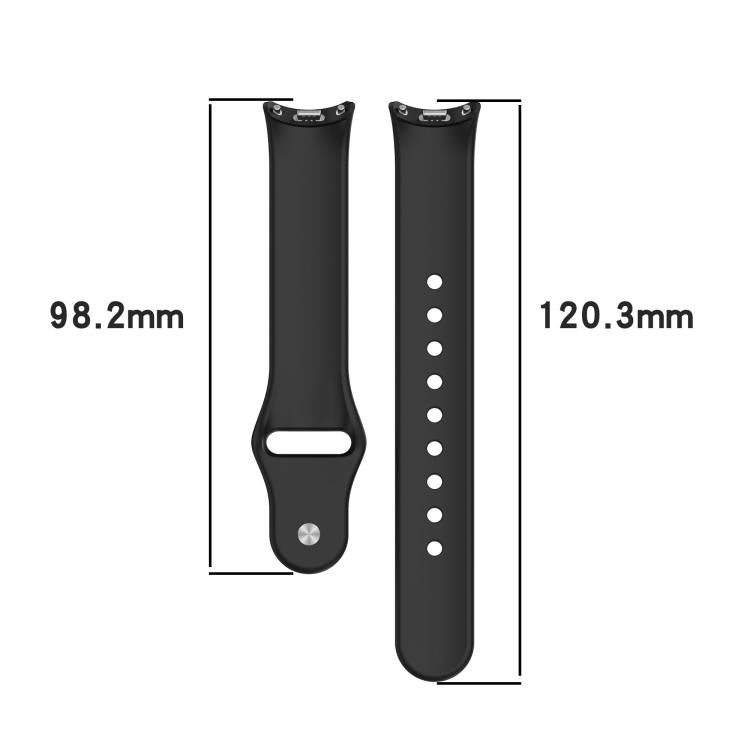 Black silicone watch band pieces with length measurements of 98.2 mm and 120.3 mm