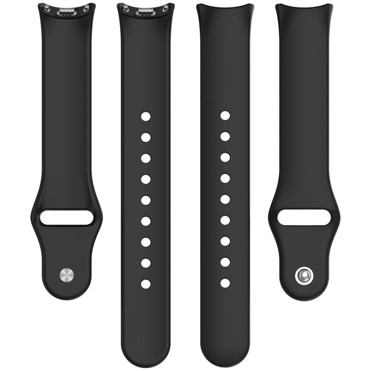Four black silicone watch band pieces with adjustment holes and reverse-buckle closures