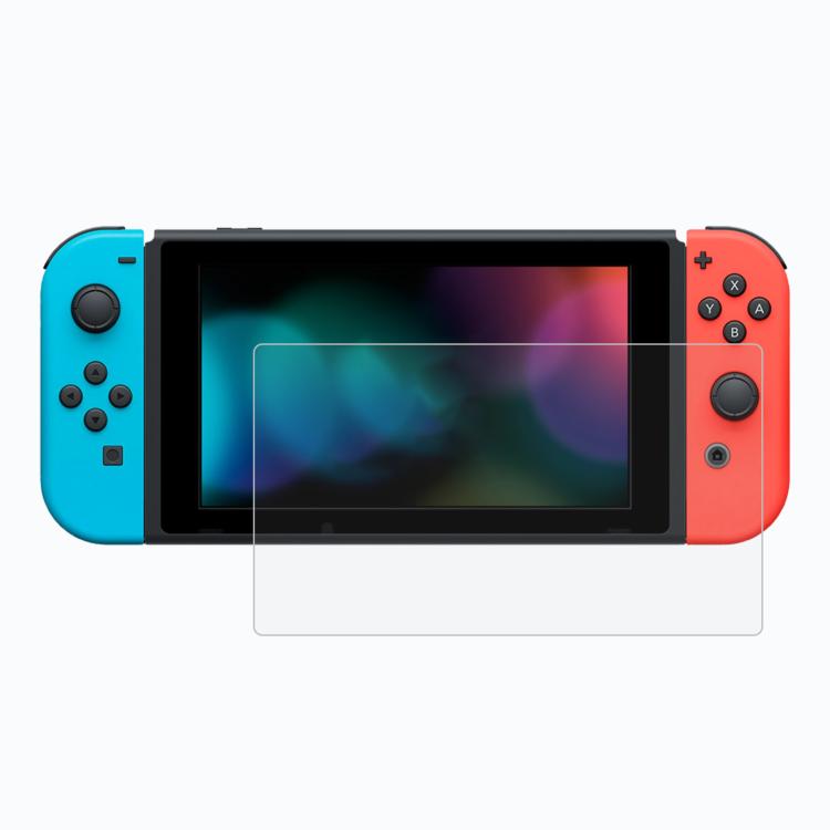 Tempered glass screen protector film for Nintendo Switch on blue/red console, curved edges