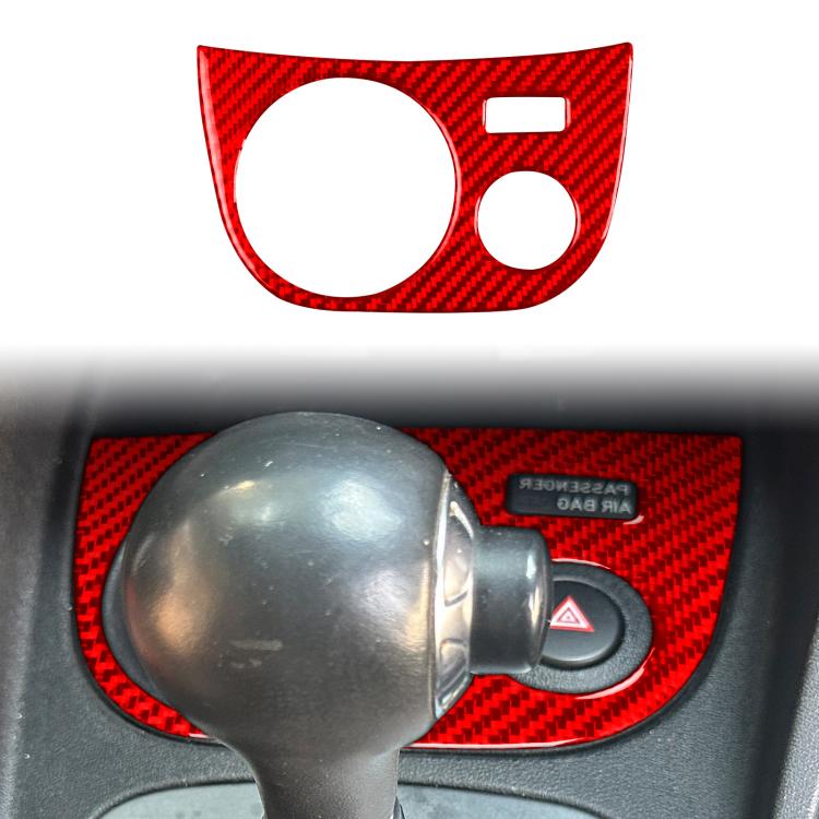 Installed red carbon fiber-look water cup panel sticker with large circular cutout