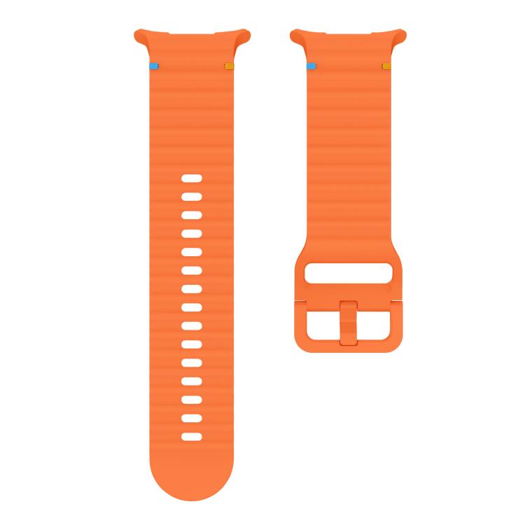 Orange silicone watch band shown as two pieces, with adjustment holes and buckle