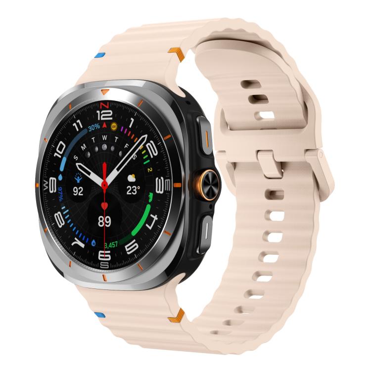 Light beige silicone watch band with ridged texture, shown on a Galaxy Watch Ultra2