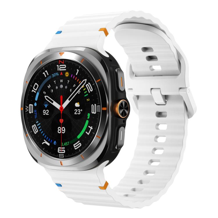 White silicone watch band with ridged texture, shown on a Galaxy Watch Ultra2