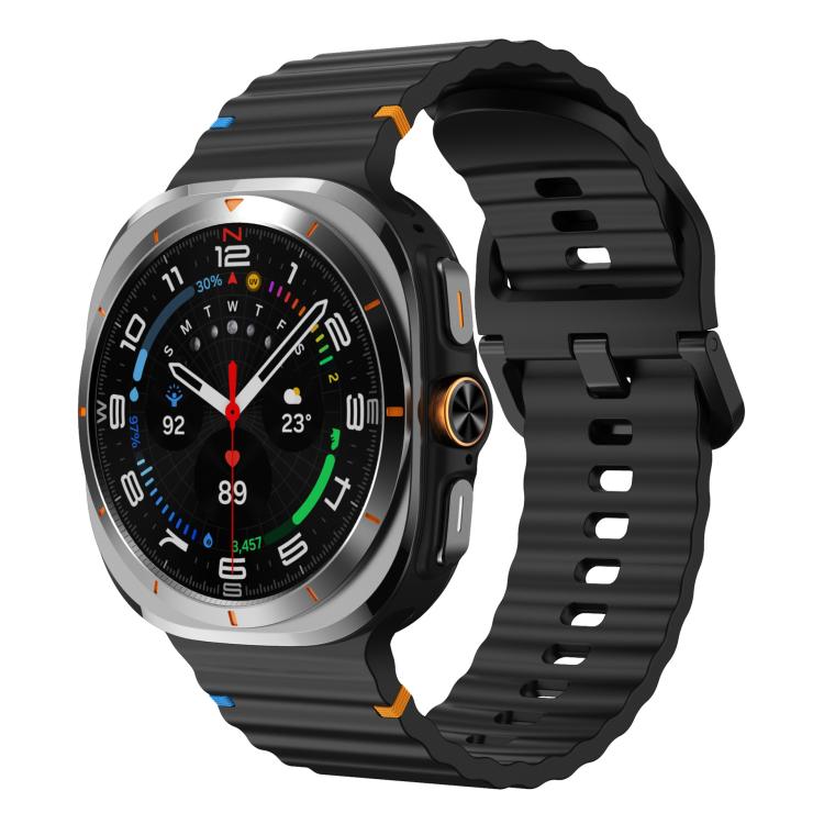 Black silicone watch band with ridged texture, shown on a Galaxy Watch Ultra2