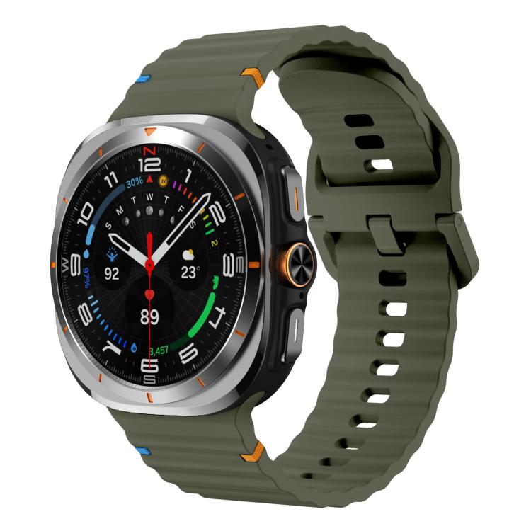 Army green silicone watch band with ridged texture, shown on a Galaxy Watch Ultra2