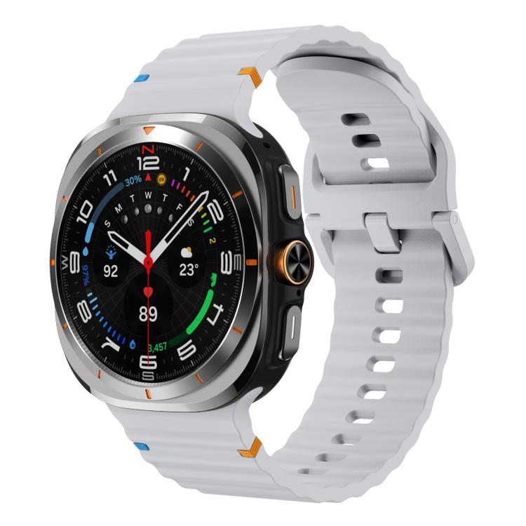 Light gray silicone watch band with ridged detailing, shown fitted to a smartwatch.
