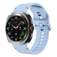 Light blue silicone watch band with ridged detailing, shown fitted to a smartwatch.