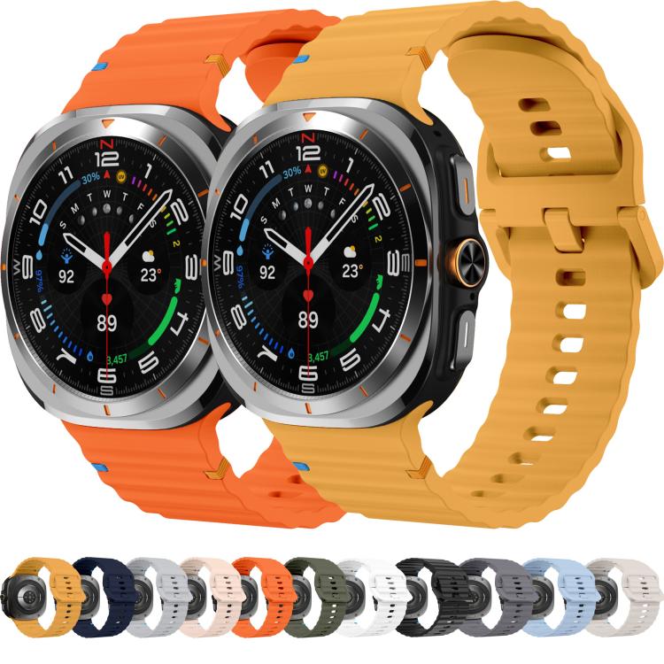 Silicone watch bands in orange and yellow, shown fitted to smartwatches with color options below.