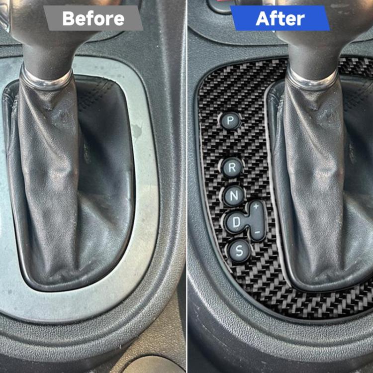 Black carbon fiber gear position panel sticker shown before and after installation