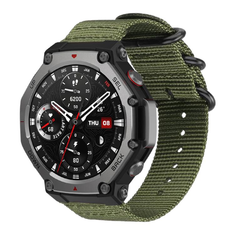 Army green woven nylon watch band with ring buckle, shown attached to a rugged smartwatch