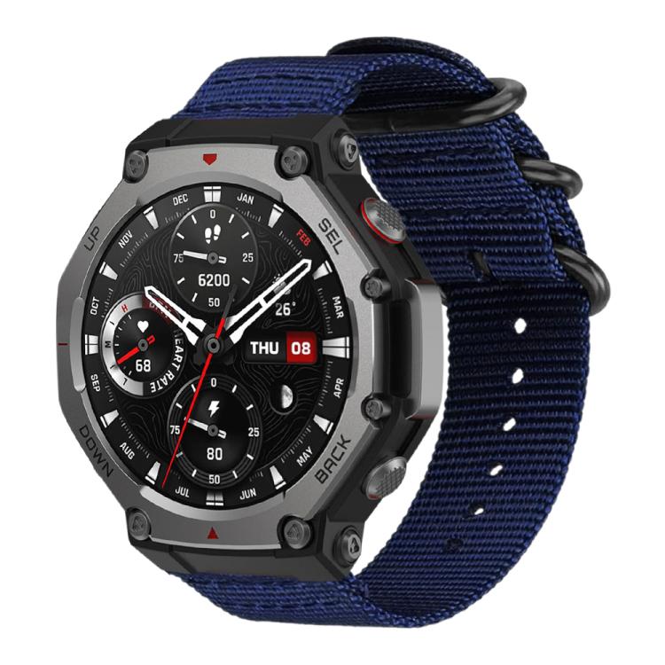 Midnight blue woven nylon watch band with ring buckle, shown attached to a rugged smartwatch