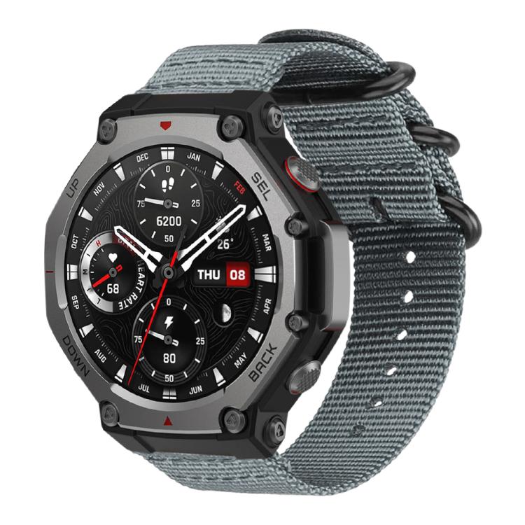 Gray woven nylon watch band with ring buckle, shown attached to a rugged smartwatch