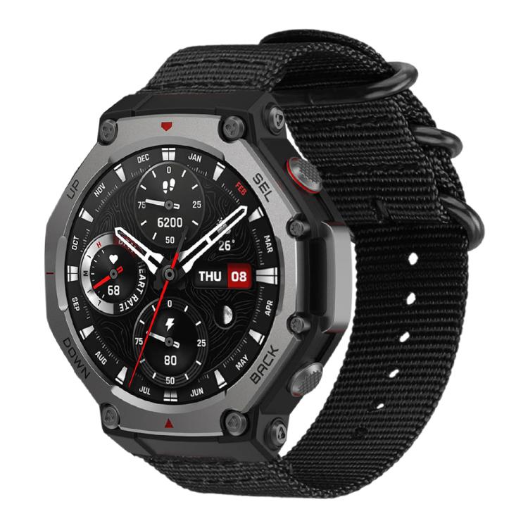 Black woven nylon watch band with ring buckle, shown attached to a rugged smartwatch