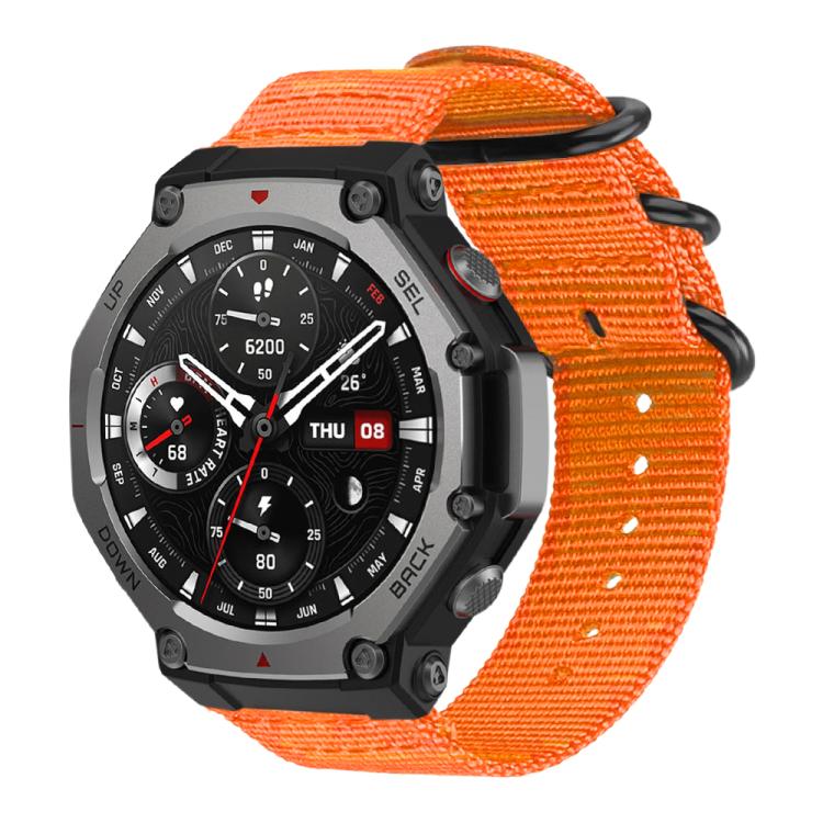 Orange woven nylon watch band with ring buckle, shown attached to a rugged smartwatch