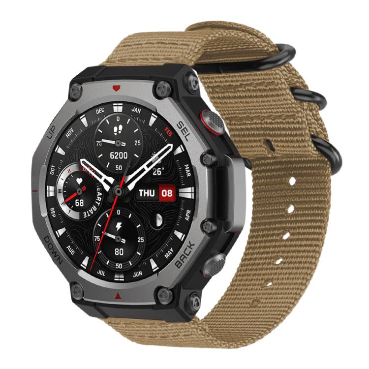 Khaki woven nylon watch band with ring buckle, shown attached to a rugged smartwatch