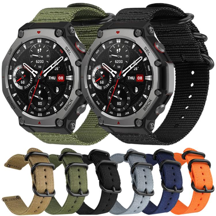 Six woven nylon watch bands in assorted colors, with ring buckles and smartwatch examples