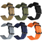 Six woven nylon watch bands in khaki, green, black, gray, blue and orange with ring buckles