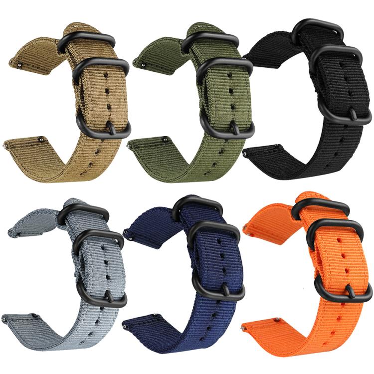 Six woven nylon watch bands in khaki, green, black, gray, blue and orange with ring buckles
