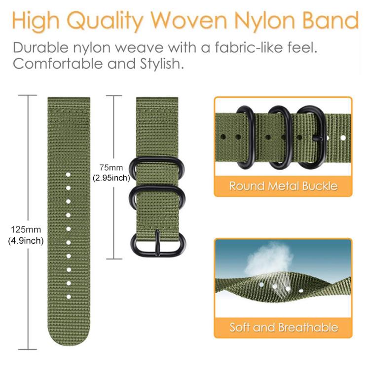 Army green woven nylon watch band with ring buckles, 125 mm long and 75 mm buckle section