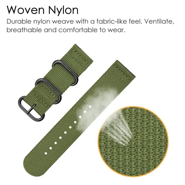 Army green woven nylon watch band with ring buckle, adjustment holes and close-up weave detail