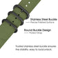 Army green nylon watch band with three black ring buckles and adjustment holes