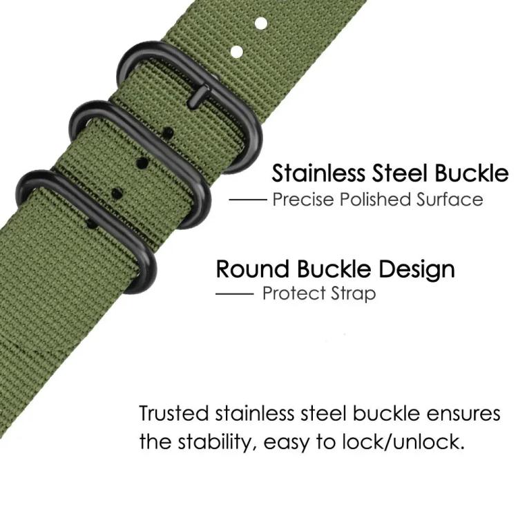 Army green nylon watch band with three black ring buckles and adjustment holes