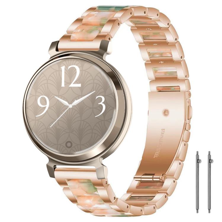 Rose gold metal and green resin watch band shown on a round watch