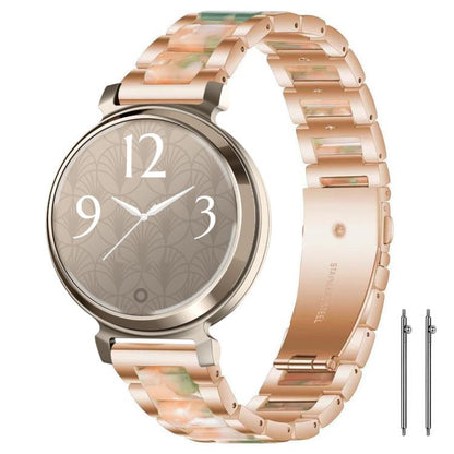 Rose gold metal and green resin watch band shown on a round watch