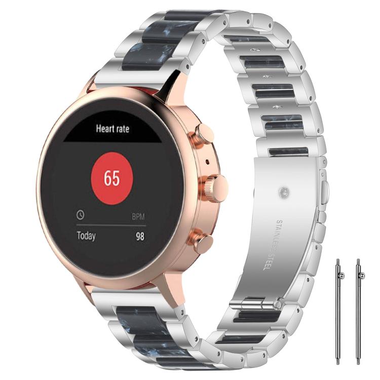 Silver metal watch band with dark blue resin links, shown on a rose gold smartwatch.