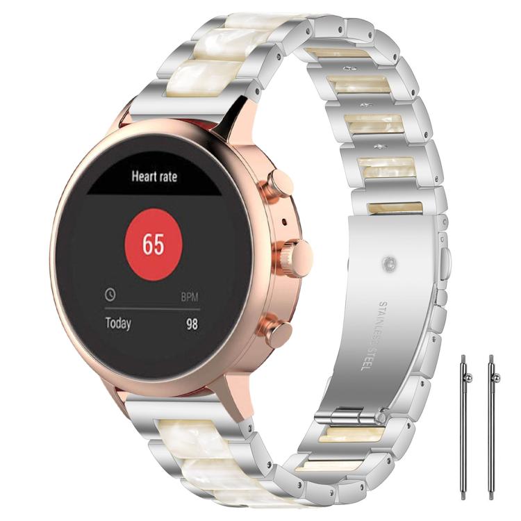Silver metal watch band with white and pale gold resin links, shown on a rose gold smartwatch.