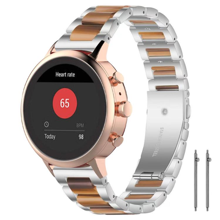 Silver metal watch band with brown resin links, shown on a rose gold smartwatch.