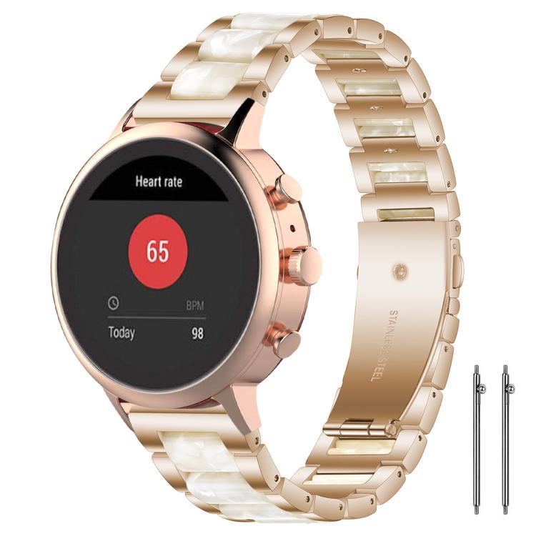 Gold-tone metal watch band with white resin links, shown on a rose gold smartwatch.