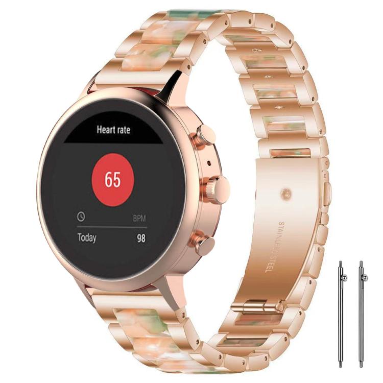 Rose gold metal watch band with peach and green resin links, shown on a smartwatch.