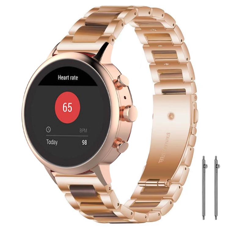 Rose gold metal watch band with brown resin links, shown on a smartwatch.
