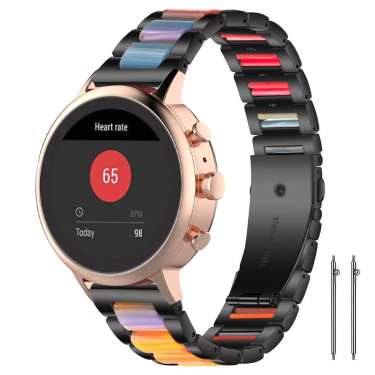 Black metal watch band with multicolor resin links, shown on a rose gold smartwatch.