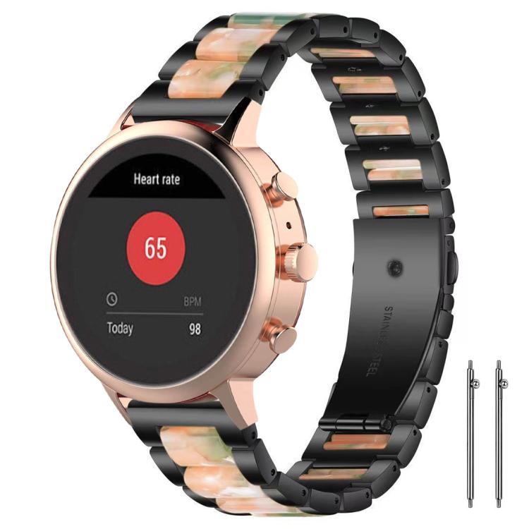Black metal watch band with rose gold and green resin links, shown on a round smartwatch.
